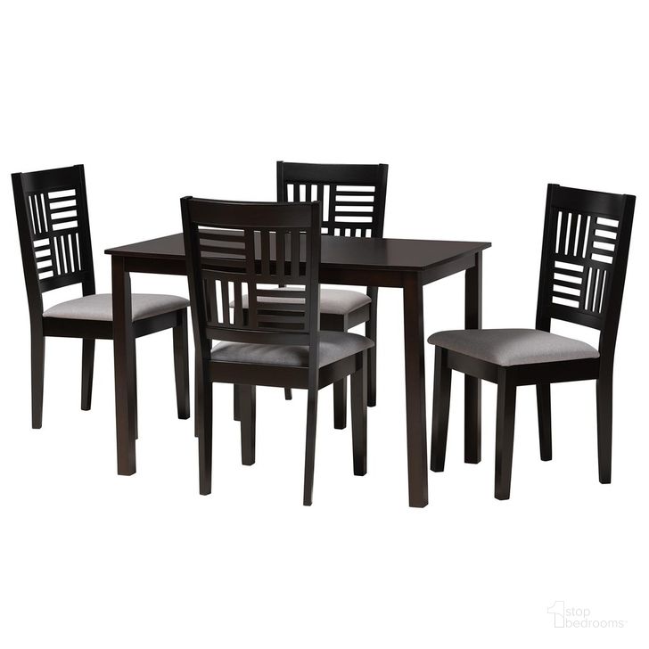 The appearance of Deanna Fabric and Wood 5 Piece Dining Set In Grey and Dark Brown designed by Baxton Studio in the modern / contemporary interior design. This grey and dark brown piece of furniture  was selected by 1StopBedrooms from Deanna Collection to add a touch of cosiness and style into your home. Sku: RH387C-Grey/Dark Brown-5PC Dining Set. Product Type: Dining Room Set. Material: Rubberwood. Image1