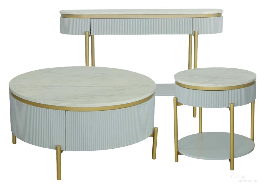 The appearance of Deco District Deco Mist Occasional Table Set designed by Progressive Furniture in the transitional interior design. This gold and white piece of furniture  was selected by 1StopBedrooms from Deco District Collection to add a touch of cosiness and style into your home. Sku: T134-01;T134-04. Material: Faux Marble. Product Type: Occasional Table Set. Image1