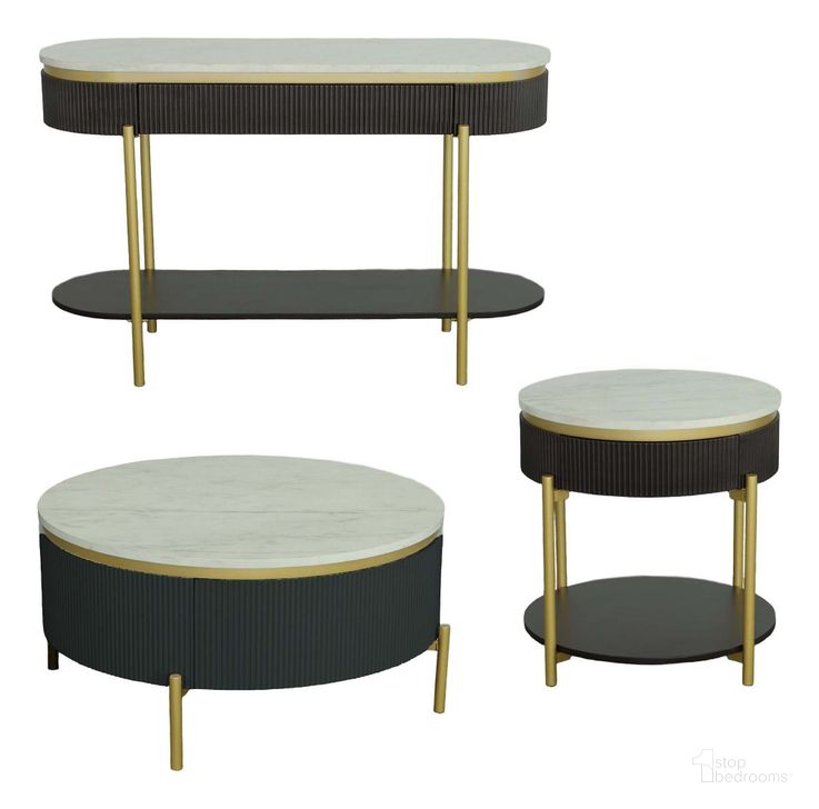 The appearance of Deco District Deco Noir Occasional Table Set designed by Progressive Furniture in the transitional interior design. This black and gold piece of furniture  was selected by 1StopBedrooms from Deco District Collection to add a touch of cosiness and style into your home. Sku: T135-01;T135-04. Material: Faux Marble. Product Type: Occasional Table Set. Image1
