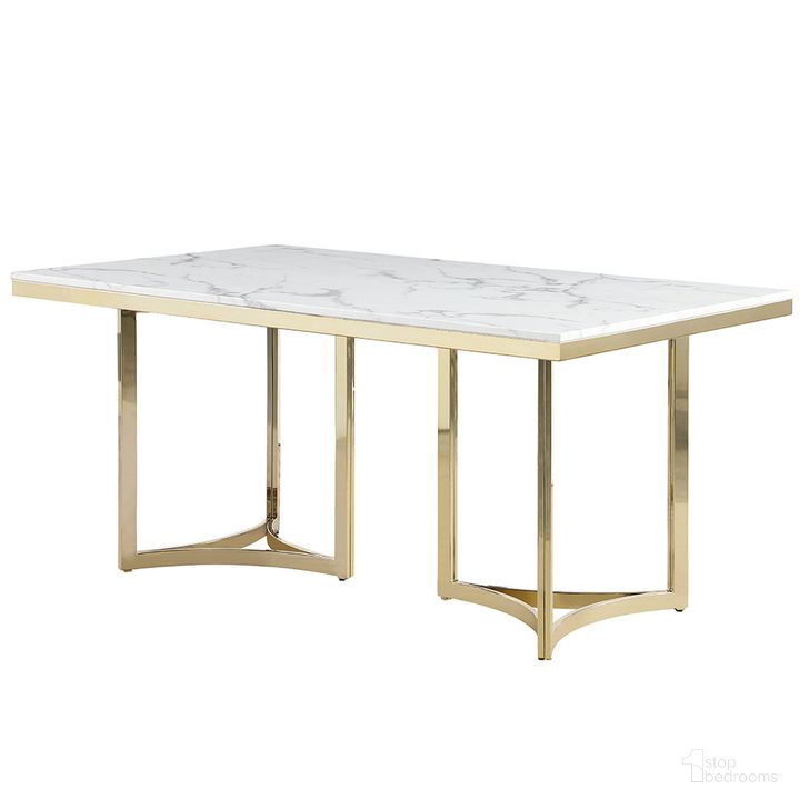 The appearance of Degliani Faux Marble Double Pedestal Dining Table In White designed by Best Master Furniture in the modern / contemporary interior design. This gold and white piece of furniture  was selected by 1StopBedrooms from Degliani Collection to add a touch of cosiness and style into your home. Sku: D026GT. Table Base Style: Double Pedestal. Material: Marble. Product Type: Dining Table. Table Top Shape: Rectangular. Size: 64". Image1