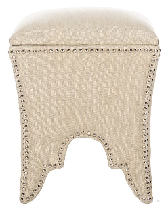 The appearance of Deidra Beige Ottoman with Silver Nailhead Detail designed by Safavieh in the modern / contemporary interior design. This beige piece of furniture  was selected by 1StopBedrooms from Deidra Collection to add a touch of cosiness and style into your home. Sku: MCR4663J. Product Type: Ottoman. Material: Stainless Steel. Image1