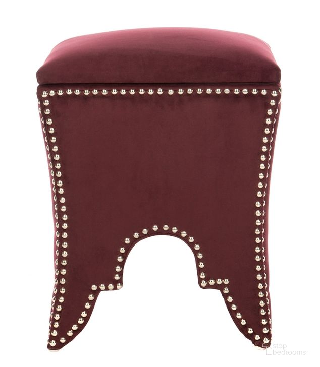 The appearance of Deidra Bordeaux Ottoman with Silver Nailhead Detail designed by Safavieh in the modern / contemporary interior design. This bordeaux piece of furniture  was selected by 1StopBedrooms from Deidra Collection to add a touch of cosiness and style into your home. Sku: MCR4663K. Product Type: Ottoman. Material: Stainless Steel. Image1