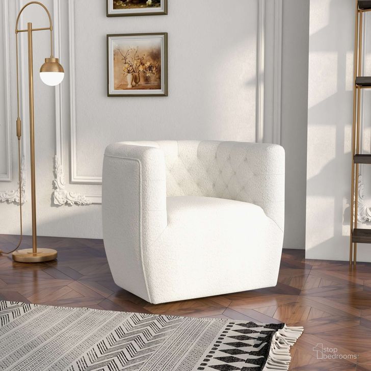 The appearance of Delaney Cream Boucle Swivel Chair designed by Ashcroft Furniture in the transitional interior design. This cream piece of furniture  was selected by 1StopBedrooms from Delaney Collection to add a touch of cosiness and style into your home. Sku: AFC01808. Material: Wood. Product Type: Swivel Chair. Image1