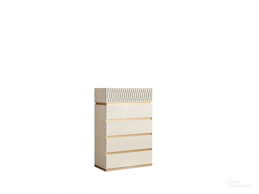 The appearance of Delfano 5-Drawer Chest In Beige designed by Galaxy Home Furnishings in the traditional interior design. This beige piece of furniture  was selected by 1StopBedrooms from Delfano Collection to add a touch of cosiness and style into your home. Sku: 601955551533. Material: Wood. Product Type: Chest. Image1