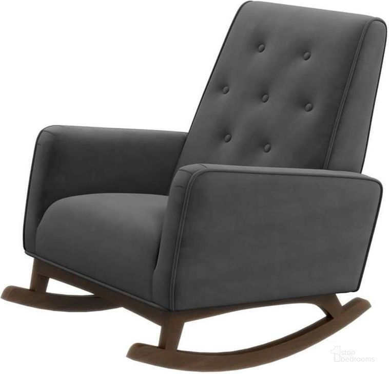 The appearance of Demetrius Dark Grey Velvet Fabric Rocking Chair designed by Ashcroft Furniture in the transitional interior design. This dark grey piece of furniture  was selected by 1StopBedrooms from Demetrius Collection to add a touch of cosiness and style into your home. Sku: AFC00013. Material: Wood. Product Type: Chair. Image1