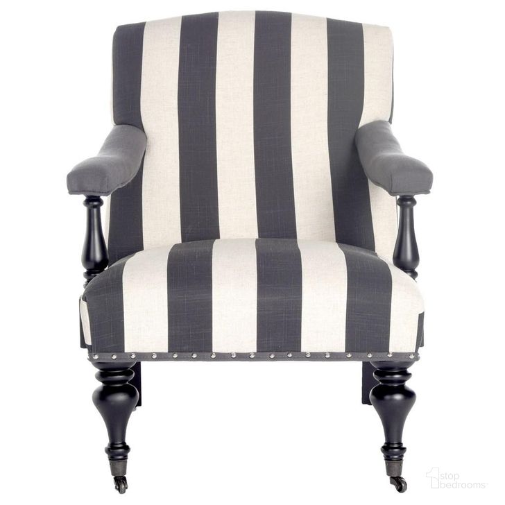 The appearance of Devona Black and White Awning Stripe Arm Chair with Silver Nailhead Detail designed by Safavieh in the traditional interior design. This white charcoal piece of furniture  was selected by 1StopBedrooms from Devona Collection to add a touch of cosiness and style into your home. Sku: MCR4731D. Product Type: Arm Chair. Material: Stainless Steel. Image1