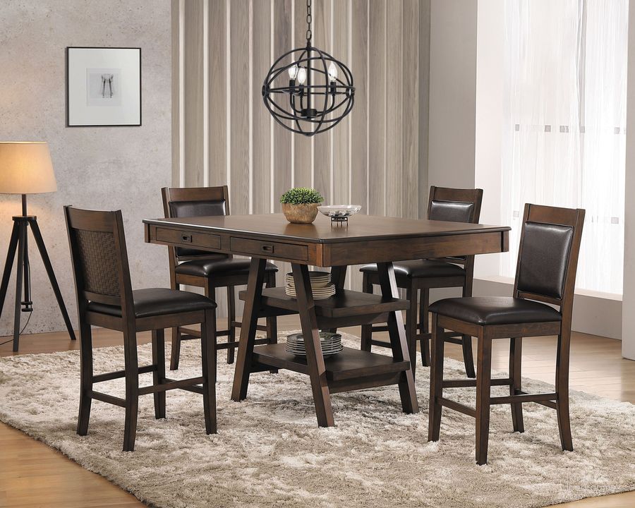 The appearance of Dewey Walnut Counter Height Dining Room Set designed by Coaster in the transitional interior design. This brown piece of furniture  was selected by 1StopBedrooms from Dewey Collection to add a touch of cosiness and style into your home. Sku: 115208B1;115208B2;115209. Material: Wood. Product Type: Dining Room Set. Image1
