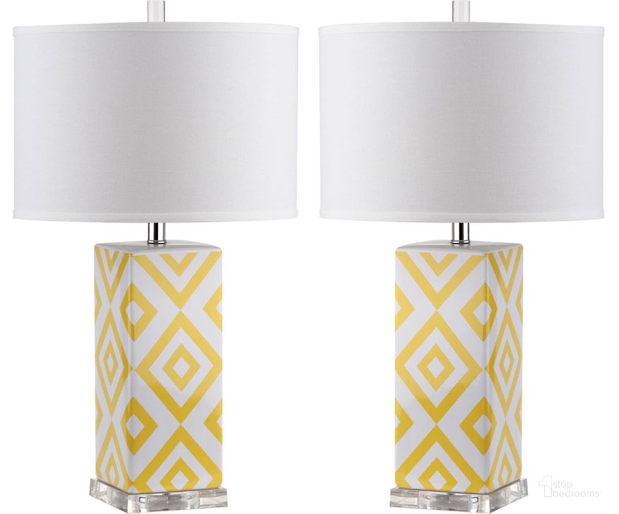 The appearance of Diamonds Yellow and Off-White 27 Inch Table Lamp Set of 2 designed by Safavieh in the transitional interior design. This yellow piece of furniture  was selected by 1StopBedrooms from Diamonds Collection to add a touch of cosiness and style into your home. Sku: LIT4135G-SET2. Product Type: Table Lamp. Image1
