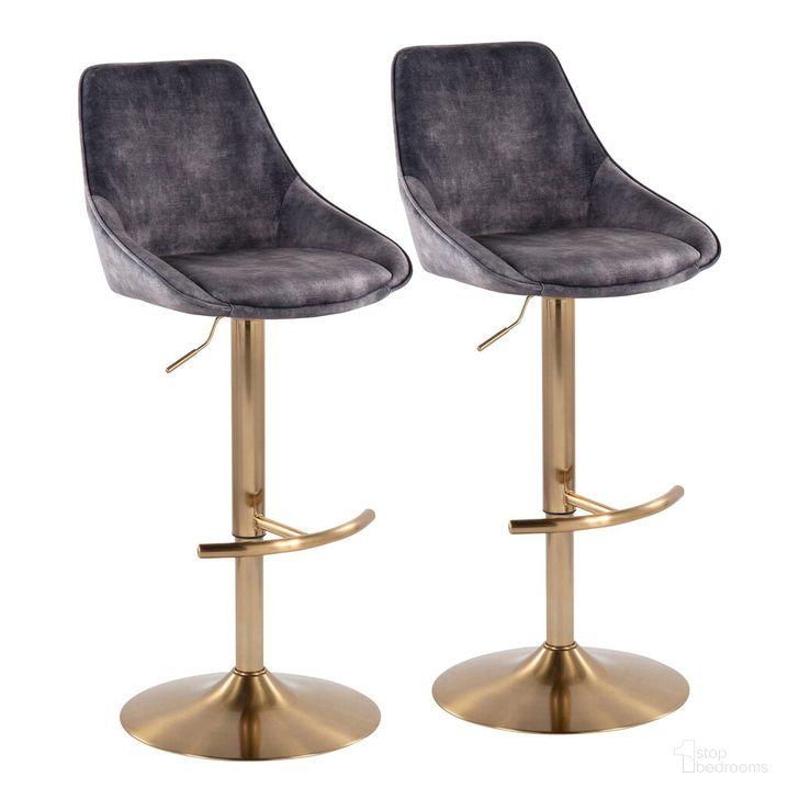 The appearance of Diana Adjustable Bar Stool Set of 2 In Grey and Gold designed by Lumisource in the modern / contemporary interior design. This charcoal and gold piece of furniture  was selected by 1StopBedrooms from Diana Collection to add a touch of cosiness and style into your home. Sku: BS-DIANA-RT2 AUVGY2. Product Type: Barstool. Material: Velvet. Image1