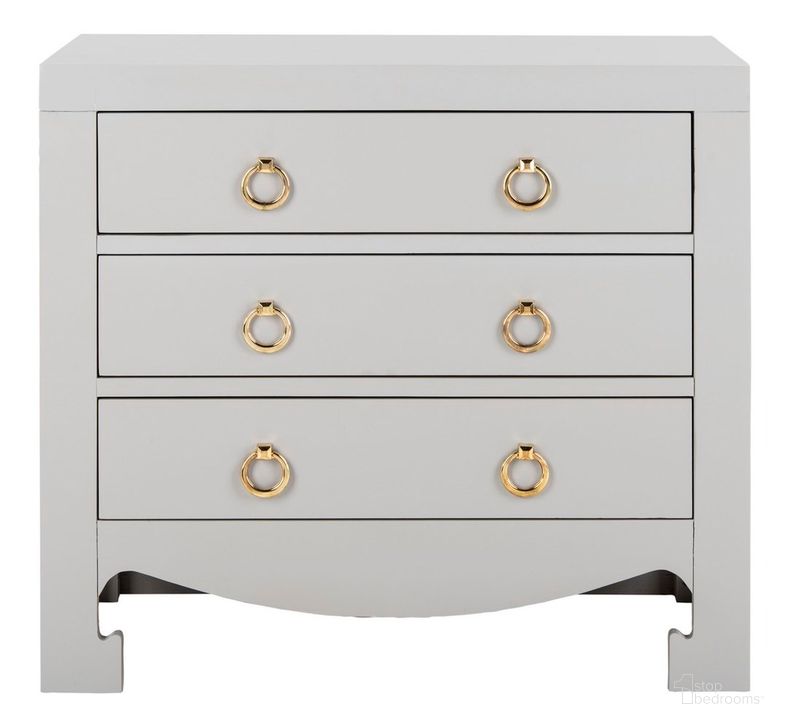 The appearance of Dion Gray and Gold 3 Drawer Chest designed by Safavieh in the modern / contemporary interior design. This grey and gold piece of furniture  was selected by 1StopBedrooms from Dion Collection to add a touch of cosiness and style into your home. Sku: CHS6411D. Product Type: Chest. Material: Brass. Image1