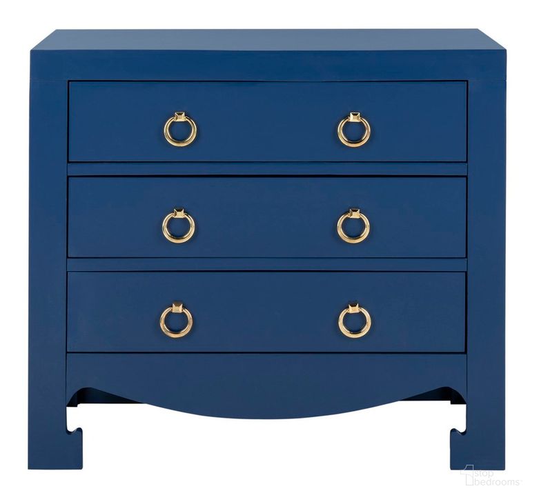The appearance of Dion Lapis Blue and Gold 3 Drawer Chest designed by Safavieh in the modern / contemporary interior design. This gold piece of furniture  was selected by 1StopBedrooms from Dion Collection to add a touch of cosiness and style into your home. Sku: CHS6411B. Product Type: Chest. Material: Brass. Image1
