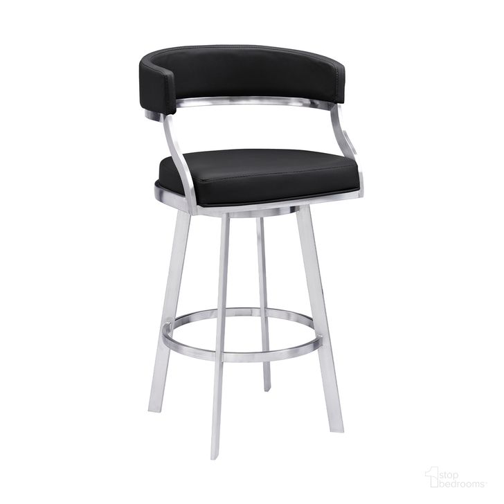 The appearance of Dione 26 Inch Counter Height Swivel Bar Stool In Black Faux Leather and Brushed Stainless Steel designed by Armen Living in the transitional interior design. This black piece of furniture  was selected by 1StopBedrooms from Dione Collection to add a touch of cosiness and style into your home. Sku: 840254335158. Material: Faux Leather. Product Type: Barstool. Image1