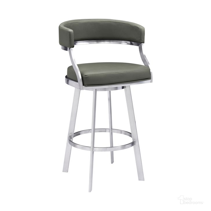 The appearance of Dione 26 Inch Counter Height Swivel Bar Stool In Gray Faux Leather and Brushed Stainless Steel designed by Armen Living in the transitional interior design. This gray piece of furniture  was selected by 1StopBedrooms from Dione Collection to add a touch of cosiness and style into your home. Sku: 840254335134. Material: Faux Leather. Product Type: Barstool. Image1