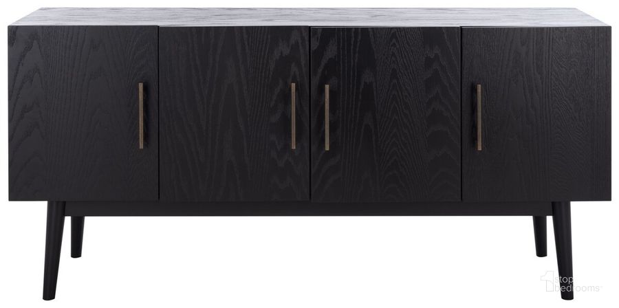 The appearance of Doderick Mid-Century Media Sta In Black designed by Safavieh Couture in the transitional interior design. This black piece of furniture  was selected by 1StopBedrooms from Doderick Collection to add a touch of cosiness and style into your home. Sku: SFV2114B. Material: Wood. Product Type: TV Stand. Image1