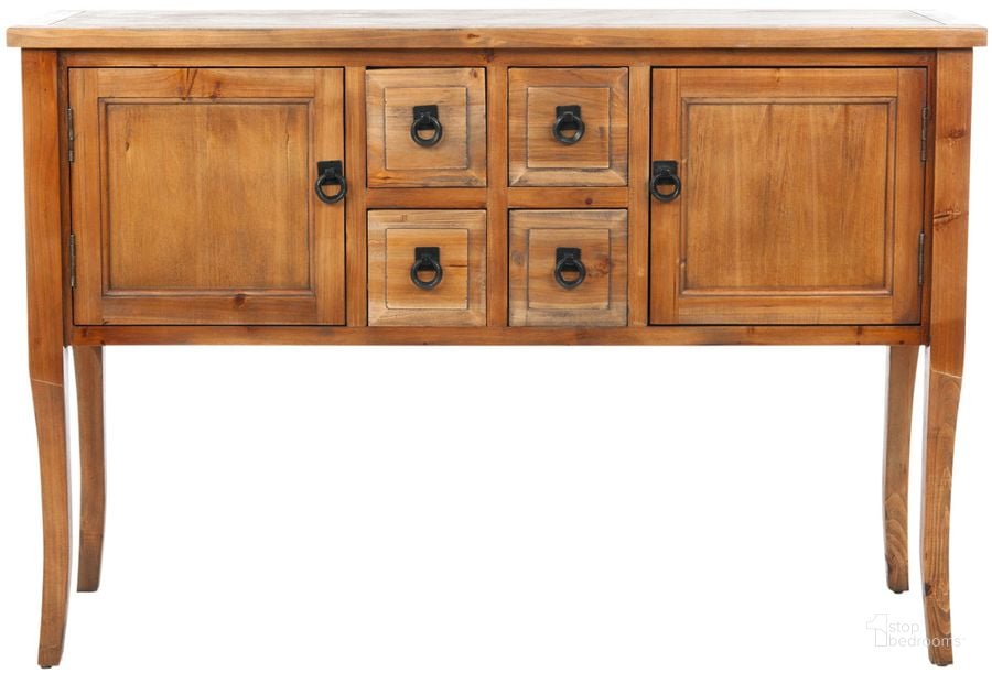 The appearance of Dolan Brown Pine Sideboard with 4 Storage Drawers designed by Safavieh in the country / farmhouse interior design. This brown pine piece of furniture  was selected by 1StopBedrooms from Safavieh AMH Collection to add a touch of cosiness and style into your home. Sku: AMH6563A. Material: Wood. Product Type: Buffets, Sideboards and Server. Image1