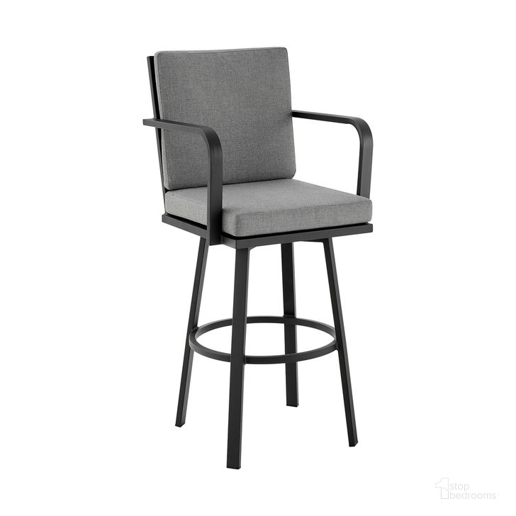 The appearance of Don 26 Inch Outdoor Patio Swivel Counter Stool In Black Aluminum with Gray Cushions designed by Armen Living in the modern / contemporary interior design. This dark gray piece of furniture  was selected by 1StopBedrooms from Don Collection to add a touch of cosiness and style into your home. Sku: 840254339064. Material: Aluminum. Product Type: Outdoor Bar Furniture. Image1