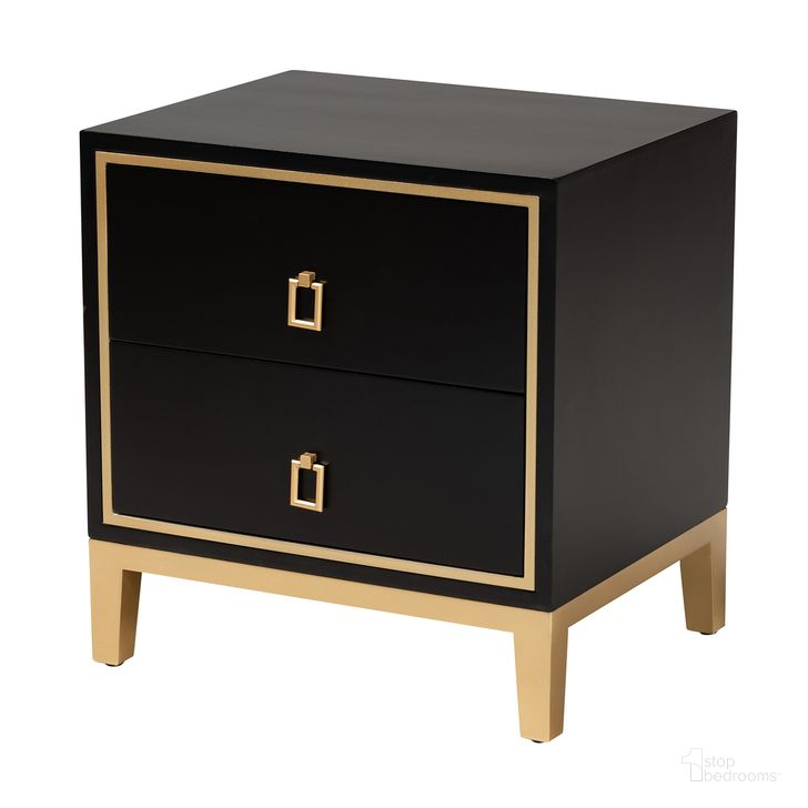 The appearance of Donald Wood and Metal 2 Drawer End Table In Gold and Black designed by Baxton Studio in the glam interior design. This gold and black piece of furniture  was selected by 1StopBedrooms from Donald Collection to add a touch of cosiness and style into your home. Sku: JY21B012-Black/Gold-ET. Product Type: End Table. Material: MDF. Image1
