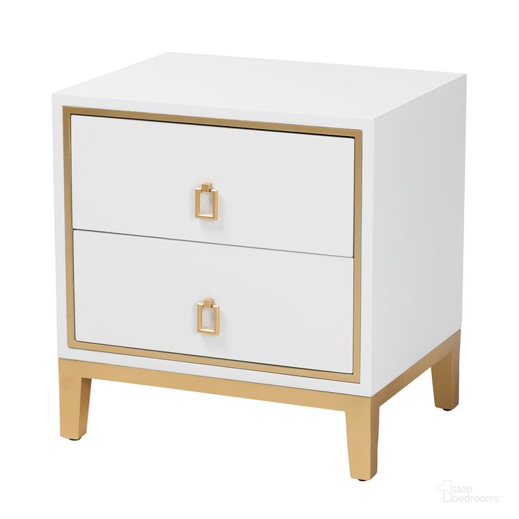 The appearance of Donald Wood and Metal 2 Drawer End Table In White and Gold designed by Baxton Studio in the glam interior design. This white and gold piece of furniture  was selected by 1StopBedrooms from Donald Collection to add a touch of cosiness and style into your home. Sku: JY21B011-White/Gold-ET. Product Type: End Table. Material: MDF. Image1
