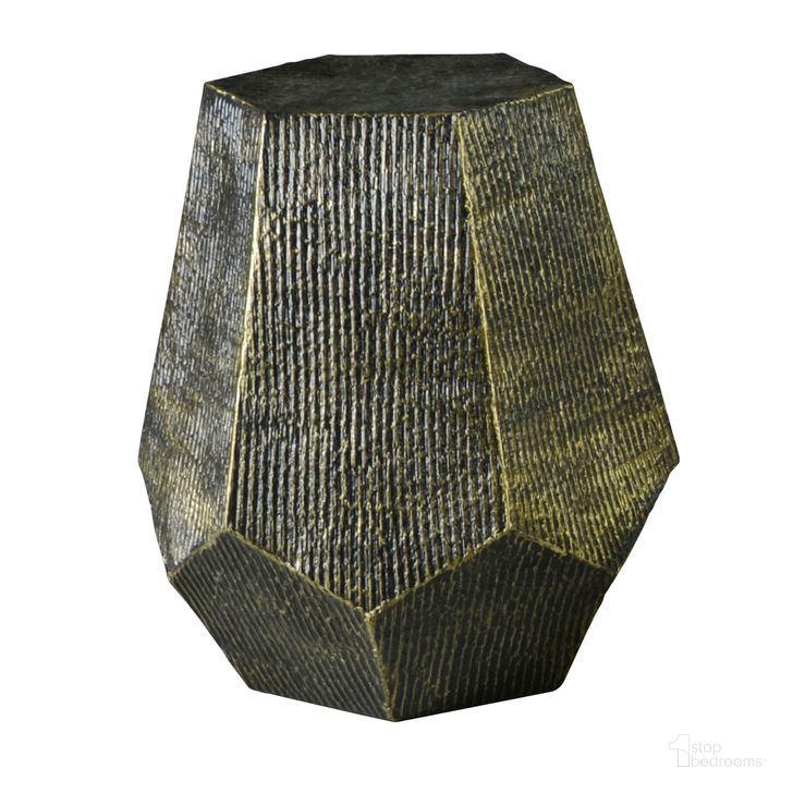 The appearance of Donato Hexagon End Table In Gold designed by Steve Silver in the transitional interior design. This gold piece of furniture  was selected by 1StopBedrooms from Donato Collection to add a touch of cosiness and style into your home. Sku: DT200E. Product Type: End Table. Material: Iron. Image1