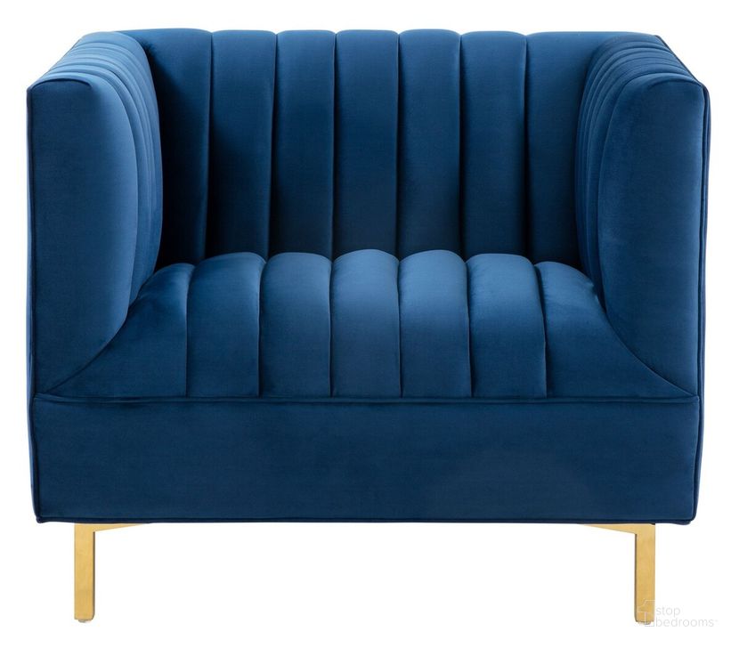 The appearance of Doris Velvet Club Chair In Navy designed by Safavieh Couture in the modern / contemporary interior design. This navy piece of furniture  was selected by 1StopBedrooms from Doris Collection to add a touch of cosiness and style into your home. Sku: SFV4763C. Material: Wood. Product Type: Accent Chair. Image1