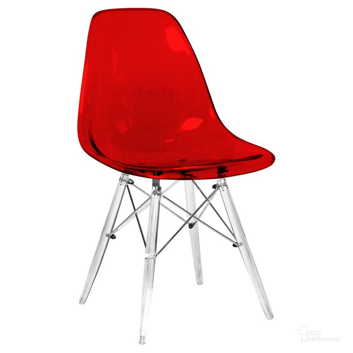 The appearance of Dover Molded Side Chair In Transparent Red designed by LeisureMod in the modern / contemporary interior design. This transparent red piece of furniture  was selected by 1StopBedrooms from Dover Collection to add a touch of cosiness and style into your home. Sku: EPC19TR. Product Type: Side Chair. Material: Plastic. Image1
