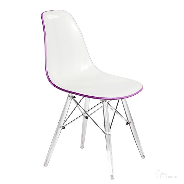 The appearance of Dover Molded Side Chair In White Purple designed by LeisureMod in the modern / contemporary interior design. This white purple piece of furniture  was selected by 1StopBedrooms from Dover Collection to add a touch of cosiness and style into your home. Sku: EPC19WPR. Product Type: Side Chair. Material: Plastic. Image1