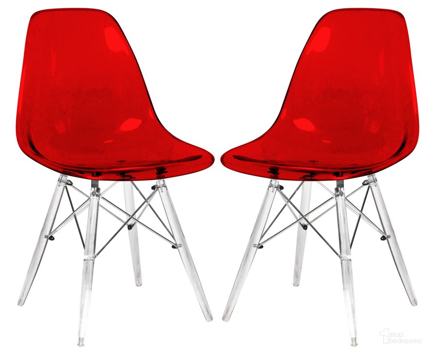The appearance of Dover Molded Side Chair Set of 2 In Transparent Red designed by LeisureMod in the modern / contemporary interior design. This transparent red piece of furniture  was selected by 1StopBedrooms from Dover Collection to add a touch of cosiness and style into your home. Sku: EPC19TR2. Product Type: Side Chair. Material: Plastic. Image1