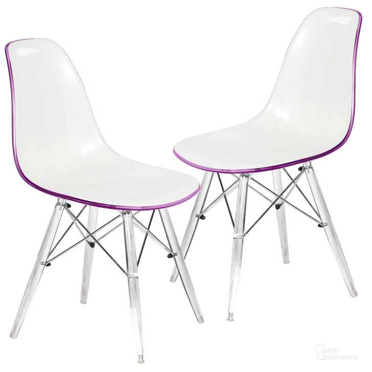 The appearance of Dover Molded Side Chair Set of 2 In White Purple designed by LeisureMod in the modern / contemporary interior design. This white purple piece of furniture  was selected by 1StopBedrooms from Dover Collection to add a touch of cosiness and style into your home. Sku: EPC19WPR2. Product Type: Side Chair. Material: Plastic. Image1