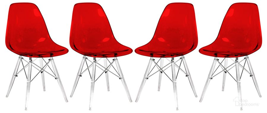 The appearance of Dover Molded Side Chair Set of 4 In Transparent Red designed by LeisureMod in the modern / contemporary interior design. This transparent red piece of furniture  was selected by 1StopBedrooms from Dover Collection to add a touch of cosiness and style into your home. Sku: EPC19TR4. Product Type: Side Chair. Material: Plastic. Image1
