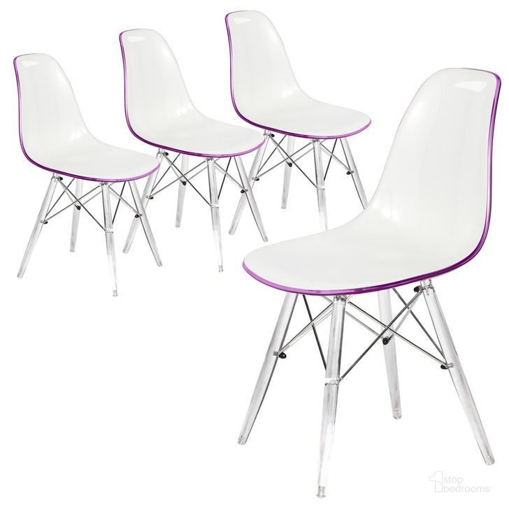 The appearance of Dover Molded Side Chair Set of 4 In White Purple designed by LeisureMod in the modern / contemporary interior design. This white purple piece of furniture  was selected by 1StopBedrooms from Dover Collection to add a touch of cosiness and style into your home. Sku: EPC19WPR4. Product Type: Side Chair. Material: Plastic. Image1