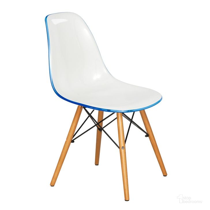 The appearance of Dover Plastic Molded Dining Side Chair In White Blue designed by LeisureMod in the modern / contemporary interior design. This white blue piece of furniture  was selected by 1StopBedrooms from Dover Collection to add a touch of cosiness and style into your home. Sku: EP19WBU. Product Type: Dining Chair. Material: Plastic. Image1
