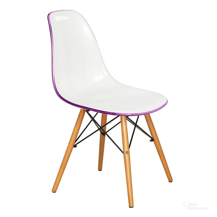 The appearance of Dover Plastic Molded Dining Side Chair In White Purple designed by LeisureMod in the modern / contemporary interior design. This white purple piece of furniture  was selected by 1StopBedrooms from Dover Collection to add a touch of cosiness and style into your home. Sku: EP19WPR. Product Type: Dining Chair. Material: Plastic. Image1