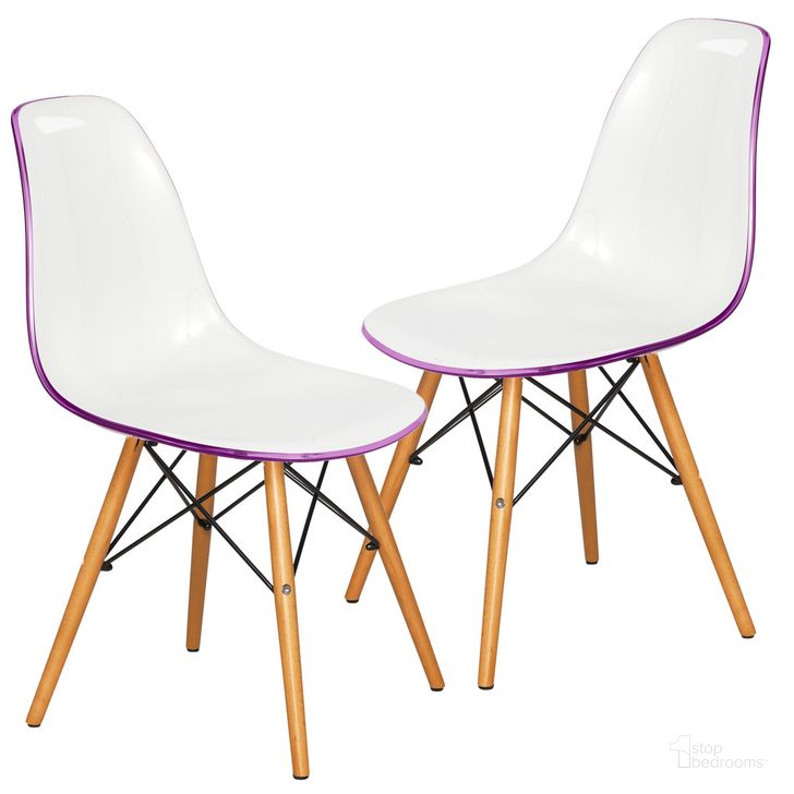 The appearance of Dover Plastic Molded Dining Side Chair Set of 2 In White Purple designed by LeisureMod in the modern / contemporary interior design. This white purple piece of furniture  was selected by 1StopBedrooms from Dover Collection to add a touch of cosiness and style into your home. Sku: EP19WPR2. Product Type: Dining Chair. Material: Plastic. Image1