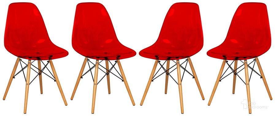 The appearance of Dover Plastic Molded Dining Side Chair Set of 4 In Transparent Red designed by LeisureMod in the modern / contemporary interior design. This transparent red piece of furniture  was selected by 1StopBedrooms from Dover Collection to add a touch of cosiness and style into your home. Sku: EP19TR4. Product Type: Dining Chair. Material: Plastic. Image1