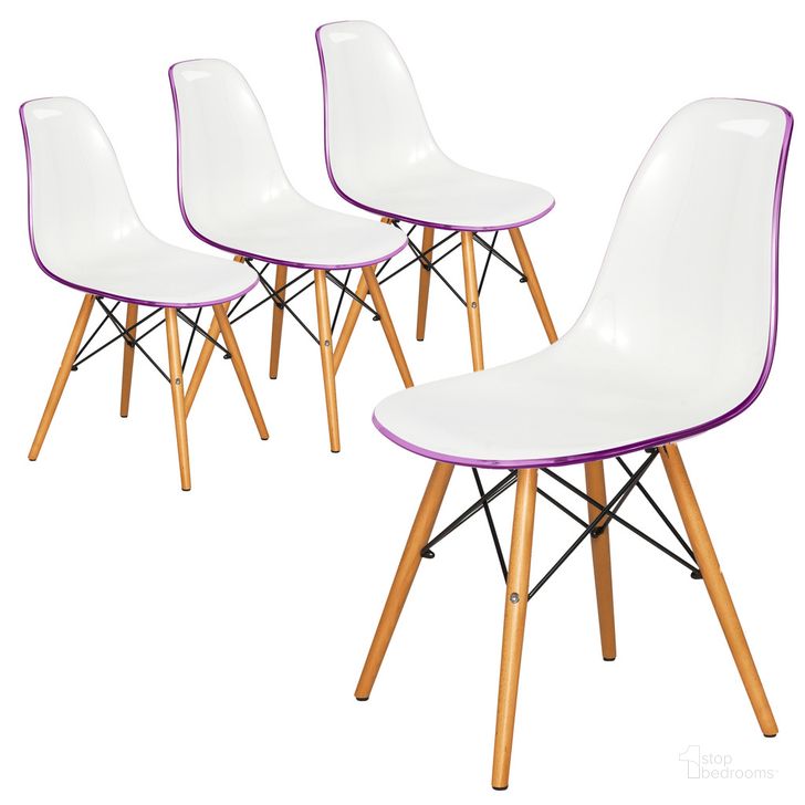 The appearance of Dover Plastic Molded Dining Side Chair Set of 4 In White Purple designed by LeisureMod in the modern / contemporary interior design. This white purple piece of furniture  was selected by 1StopBedrooms from Dover Collection to add a touch of cosiness and style into your home. Sku: EP19WPR4. Product Type: Dining Chair. Material: Plastic. Image1
