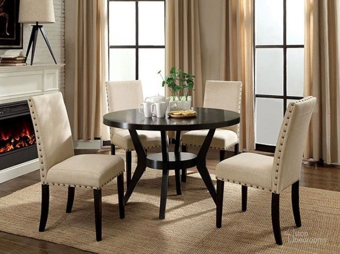 The appearance of Downtown Espresso Round Dining Room Set designed by Furniture of America in the transitional interior design. This brown piece of furniture  was selected by 1StopBedrooms from Downtown Collection to add a touch of cosiness and style into your home. Sku: CM3424T;CM3323SC-2PK. Material: Wood. Product Type: Dining Room Set. Image1