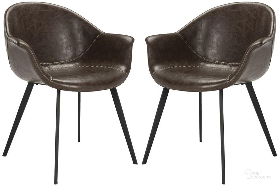 The appearance of Dublin Dark Brown and Black Midcentury Modern Leather Dining Tub Chair Set of 2 designed by Safavieh in the modern / contemporary interior design. This dark brown piece of furniture  was selected by 1StopBedrooms from Safavieh ACH Collection to add a touch of cosiness and style into your home. Sku: ACH7007A-SET2. Product Type: Accent Chair. Material: Iron. Image1