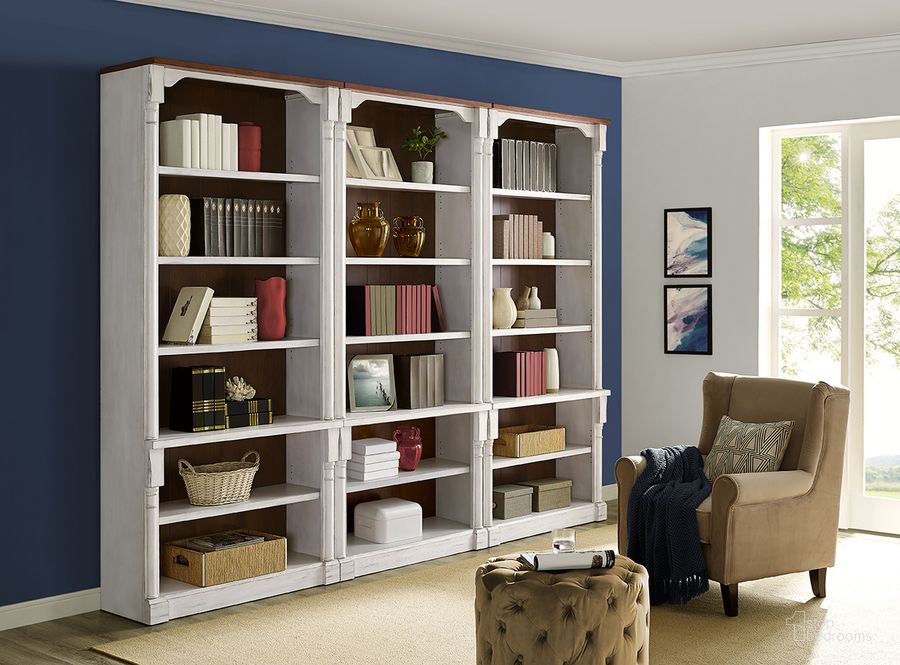 The appearance of Durham Three Rustic Open 96 Inch Wood Bookcases In White designed by Martin Furniture in the country / farmhouse interior design. This white piece of furniture  was selected by 1StopBedrooms from Durham Collection to add a touch of cosiness and style into your home. Sku: IMDU4294-KIT3. Material: Wood. Product Type: Bookcase. Image1