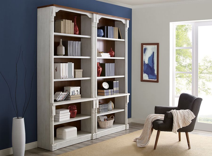 The appearance of Durham Two Rustic Open 96 Inch Wood Bookcases In White designed by Martin Furniture in the country / farmhouse interior design. This white piece of furniture  was selected by 1StopBedrooms from Durham Collection to add a touch of cosiness and style into your home. Sku: IMDU4294-KIT2. Material: Wood. Product Type: Bookcase. Image1