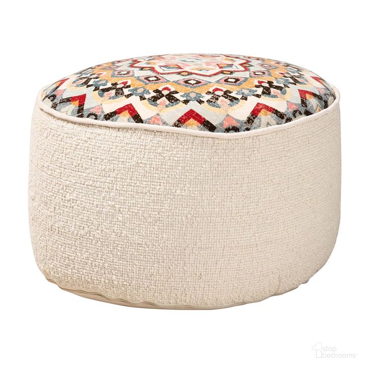 The appearance of Durrus Fabric Ottoman Pouf In Cream and Multicolor designed by Baxton Studio in the rustic / southwestern interior design. This cream and multicolor piece of furniture  was selected by 1StopBedrooms from Durrus Collection to add a touch of cosiness and style into your home. Sku: Durrus-Ivory/Multi-Pouf. Material: Wool. Product Type: Ottoman. Image1
