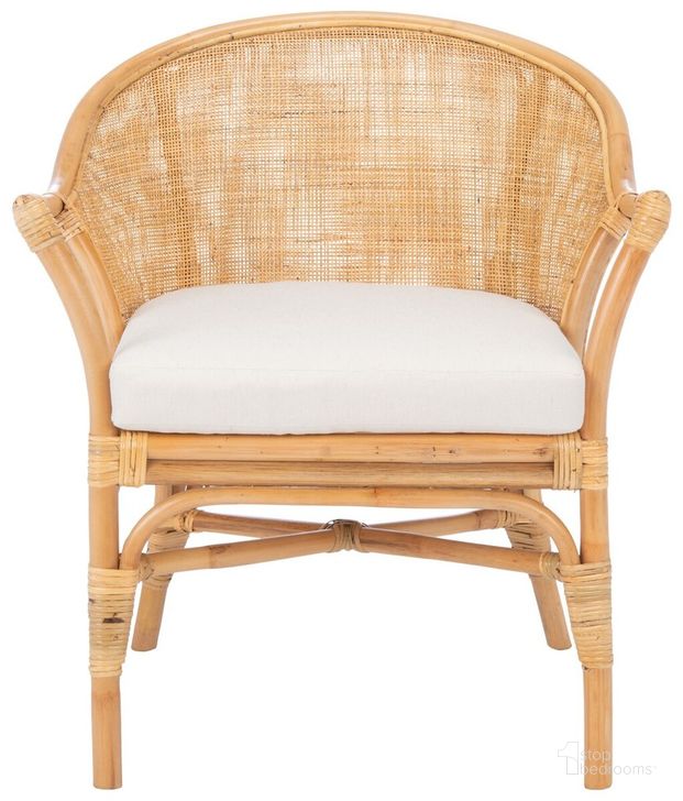 The appearance of Dustin Rattan Accent Chair with Cushion in Natural and White designed by Safavieh in the coastal interior design. This natural/white piece of furniture  was selected by 1StopBedrooms from Dustin Collection to add a touch of cosiness and style into your home. Sku: ACH6517B. Product Type: Accent Chair. Material: Rattan. Image1