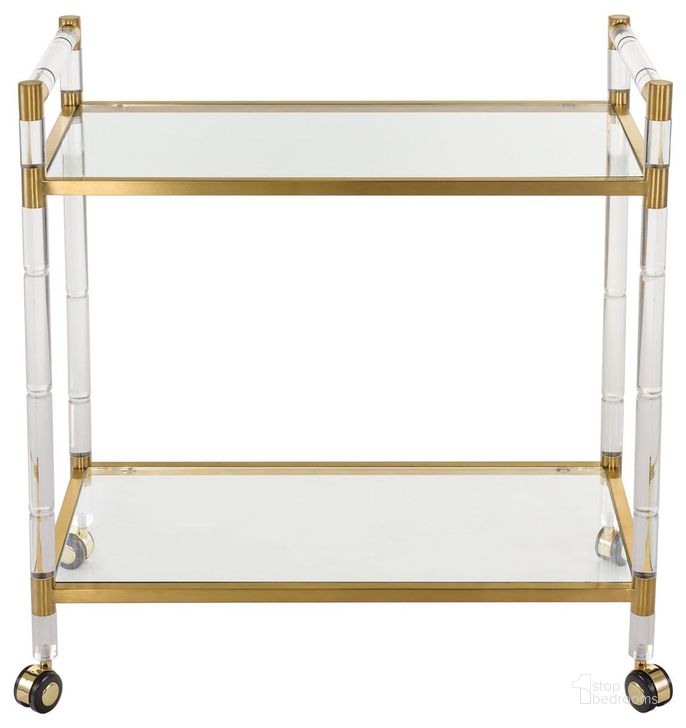 The appearance of Duval Bar Trolley In Clear And Brass designed by Safavieh Couture in the modern / contemporary interior design. This brass piece of furniture  was selected by 1StopBedrooms from Duval Collection to add a touch of cosiness and style into your home. Sku: SFV2500A. Material: Glass. Product Type: Bar Cart. Image1