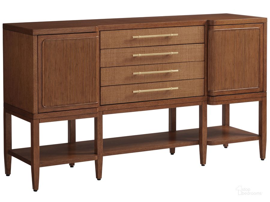 The appearance of Eagle Falls Sideboard designed by Tommy Bahama in the transitional interior design. This copper piece of furniture  was selected by 1StopBedrooms from Palm Desert Collection to add a touch of cosiness and style into your home. Sku: 01-0575-869. Product Type: Sideboard. Image1