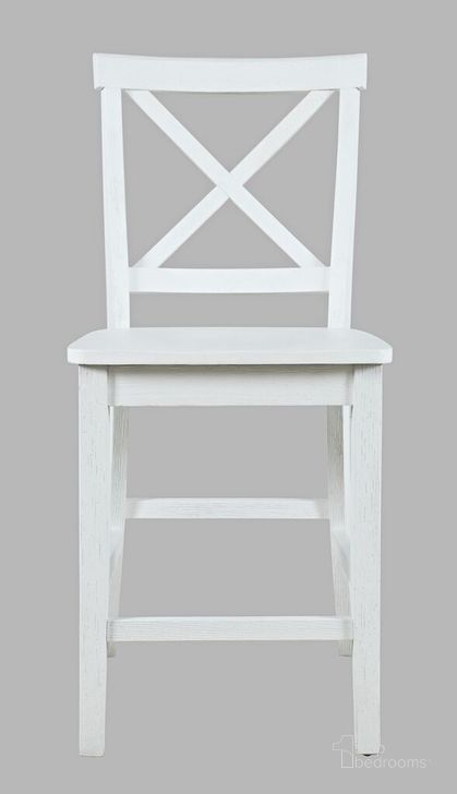 The appearance of Eastern Tides Wire-Brushed Acacia X-Back Counter Barstool Set of 2 In Brushed White designed by Jofran in the traditional interior design. This white piece of furniture  was selected by 1StopBedrooms from Eastern Tides Collection to add a touch of cosiness and style into your home. Sku: 2146-BS420KD. Material: MDF. Product Type: Barstool. Image1