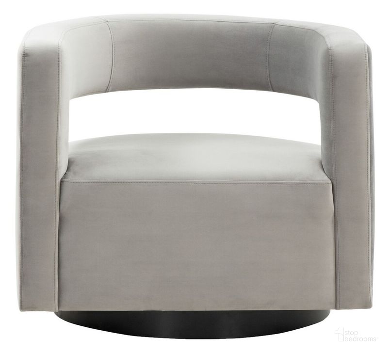 The appearance of Edgar Velvet Swivel Chair In Light Grey designed by Safavieh Couture in the modern / contemporary interior design. This light grey piece of furniture  was selected by 1StopBedrooms from Edgar Collection to add a touch of cosiness and style into your home. Sku: SFV4764B. Material: Wood. Product Type: Accent Chair. Image1