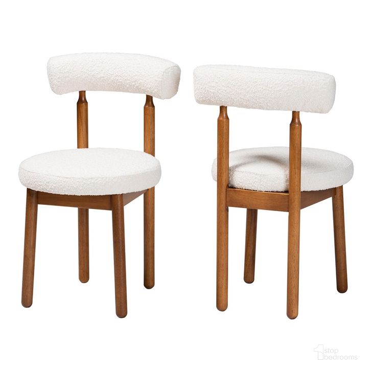 The appearance of Edric Boucle Fabric and Wood Dining Chair Set of 2 In Cream and Walnut Brown designed by Baxton Studio in the modern / contemporary interior design. This cream/brown piece of furniture  was selected by 1StopBedrooms from Edric Collection to add a touch of cosiness and style into your home. Sku: BBT5491-Maya-Cream-DC. Product Type: Dining Chair. Material: Plywood. Image1