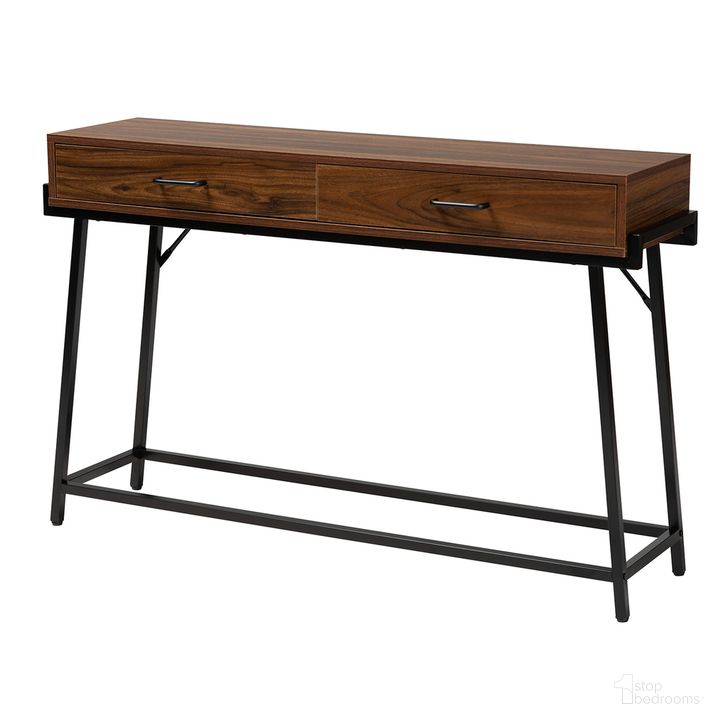 The appearance of Eivor Wood and Metal 2 Drawer Console Table In Walnut Brown and Black designed by Baxton Studio in the industrial interior design. This brown/black piece of furniture  was selected by 1StopBedrooms from Eivor Collection to add a touch of cosiness and style into your home. Sku: LCF20608C-Console Table. Material: Metal. Product Type: Console Table. Image1