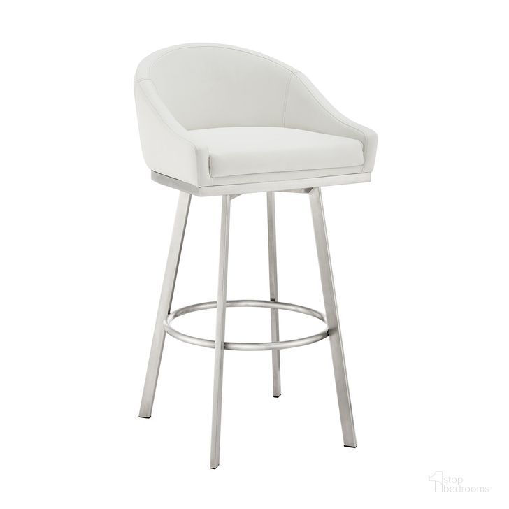 The appearance of Eleanor 30 Inch Swivel Bar Stool In Brushed Stainless Steel with White Faux Leather designed by Armen Living in the modern / contemporary interior design. This white piece of furniture  was selected by 1StopBedrooms from Eleanor Collection to add a touch of cosiness and style into your home. Sku: LCELBABSWHI30. Material: Faux Leather. Product Type: Barstool. Image1