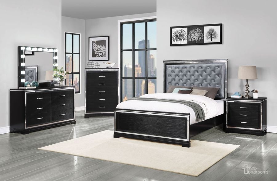 The appearance of Eleanor Black And Silver Panel Bedroom set designed by Coaster in the transitional interior design. This silver and black piece of furniture  was selected by 1StopBedrooms from Cappola Collection to add a touch of cosiness and style into your home. Sku: 223361QB1;223361QB2;223361QB3;223362. Material: Wood. Product Type: Bedroom Set. Bed Size: Queen. Image1