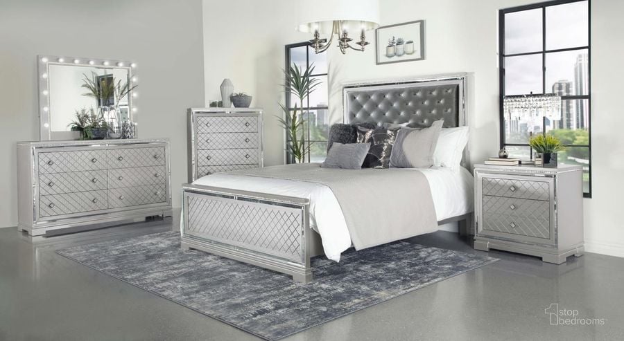 The appearance of Eleanor Metallic Mercury And Silver Upholstered Panel Bedroom set designed by Coaster in the modern / contemporary interior design. This gray/silver piece of furniture  was selected by 1StopBedrooms from Eleanor Collection to add a touch of cosiness and style into your home. Sku: 223461QB1;223461QB2;223461QB3;223462. Material: Wood. Product Type: Bedroom Set. Bed Size: Queen. Image1